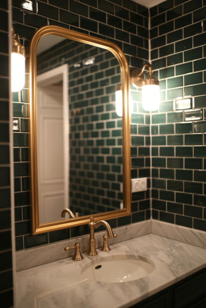 Gold accents adding warmth to a bathroom's hard surfaces