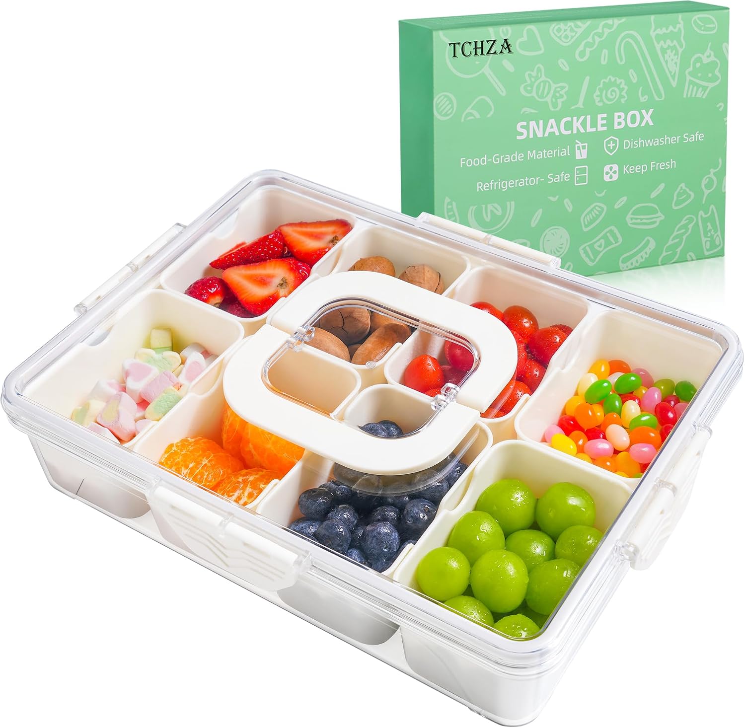 Snackle Box Divided Serving Tray with Lid and Handle, Dishwasher Safe