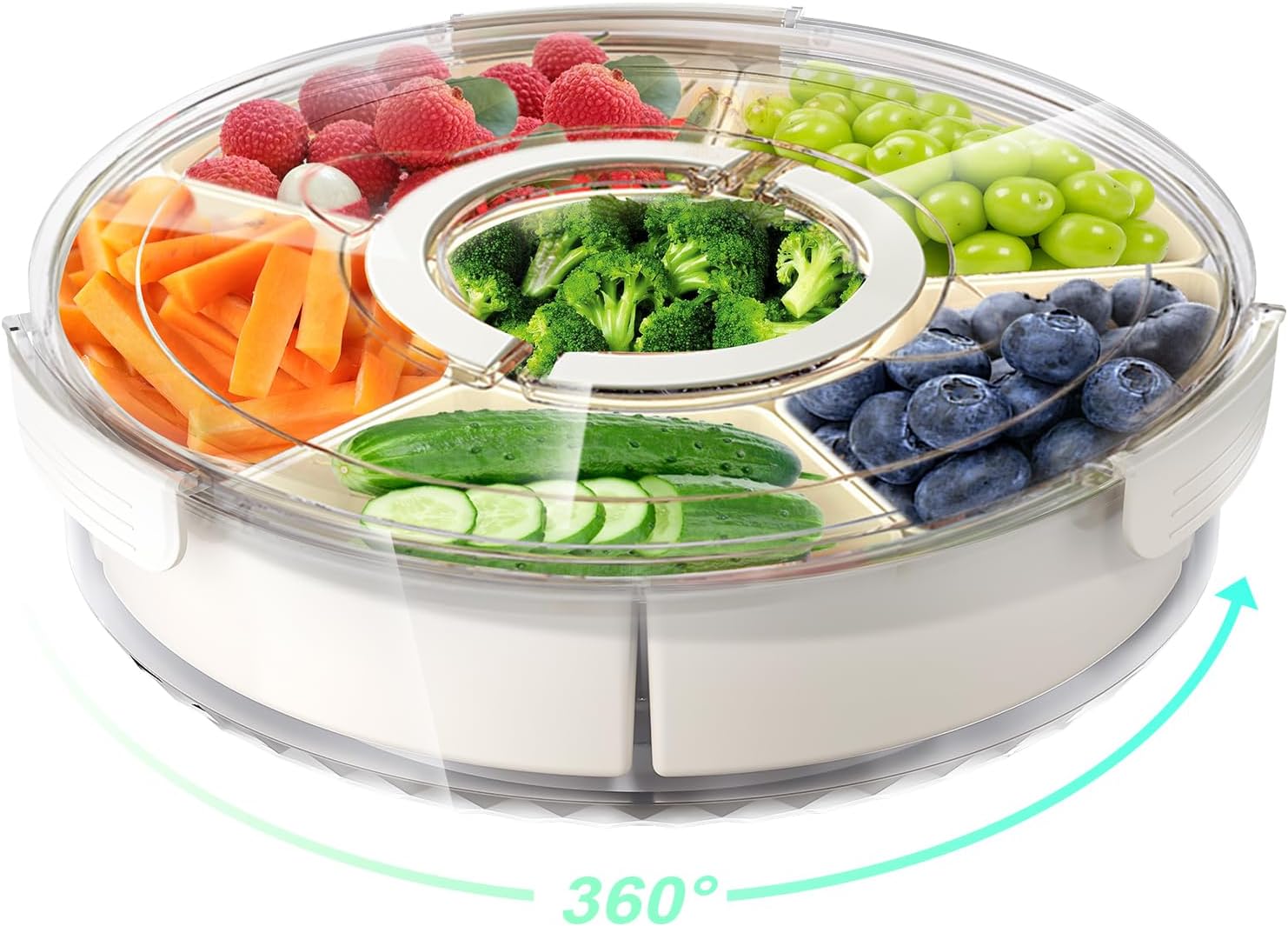 Divided Rotating Serving Tray with Lid and Handle, Portable Snack Box