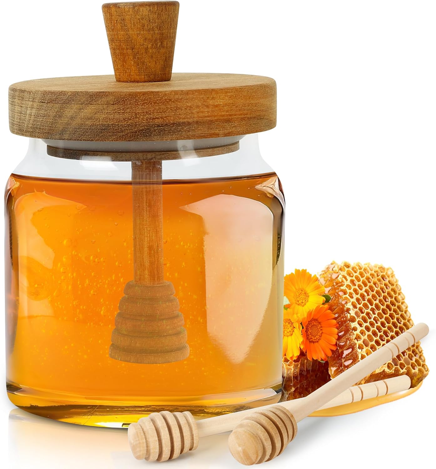 Loscarol Honey Pot with Dipper and Lid, 18 Oz Glass Honey Jar