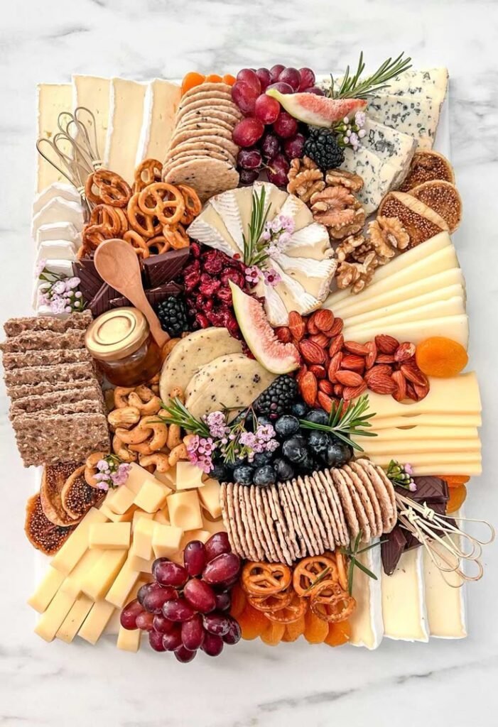 Elegant cheese lover's grazing platter with varied selections