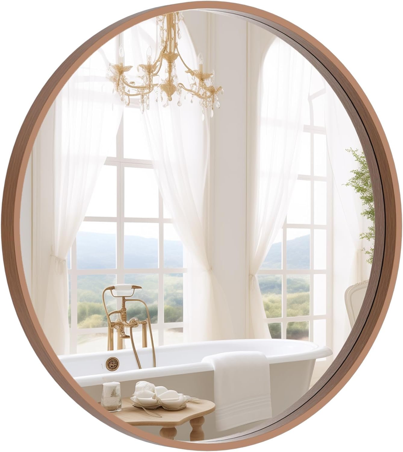 WallBeyond Wood Round Mirror, 24 Inch Circle Wall Mirror for Bathroom