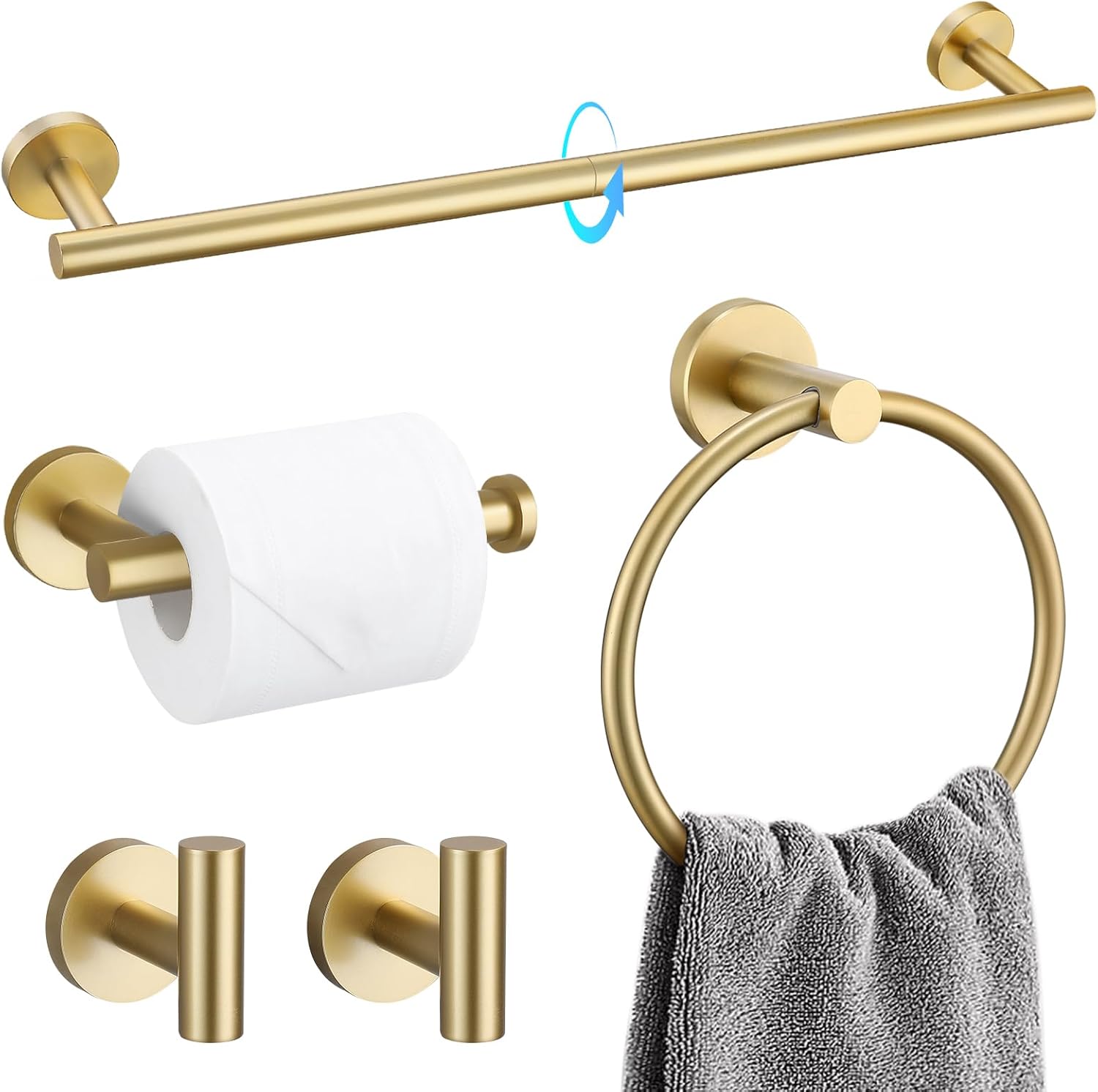 TQKAG 5 Piece Brushed Gold Bathroom Hardware Set, 23.6 Inch Towel Bar