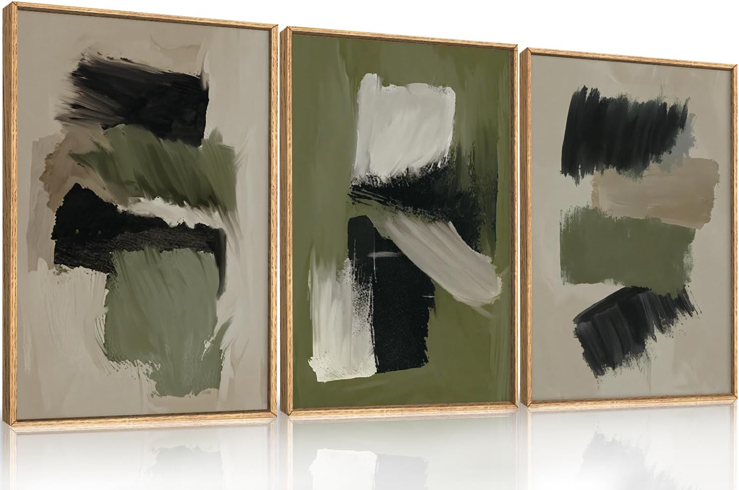 DRACIT Green Abstract Framed Canvas Wall Art Set, Brush Strokes, Neutral Tone