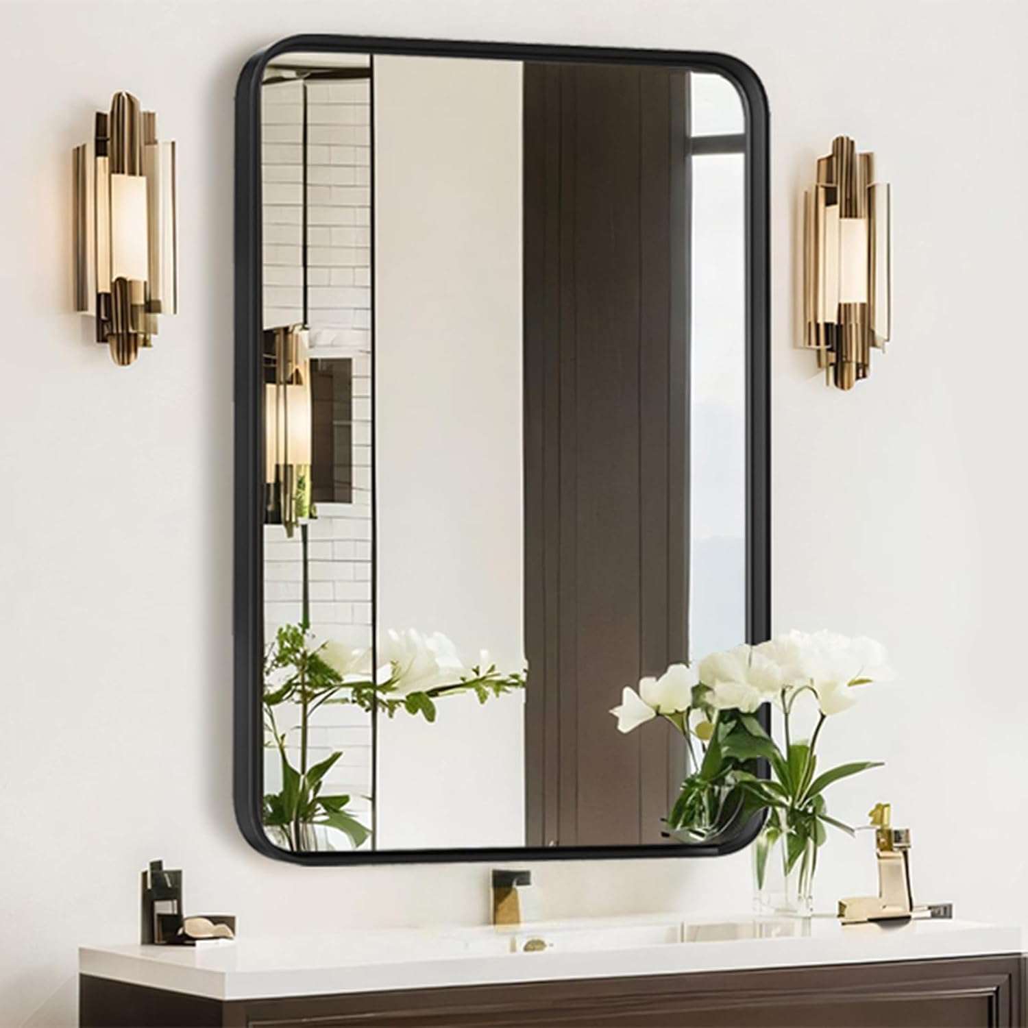 Bathroom Mirror for Wall, 30 x 22 Inch, Rectangle, Matte Black Metal Frame