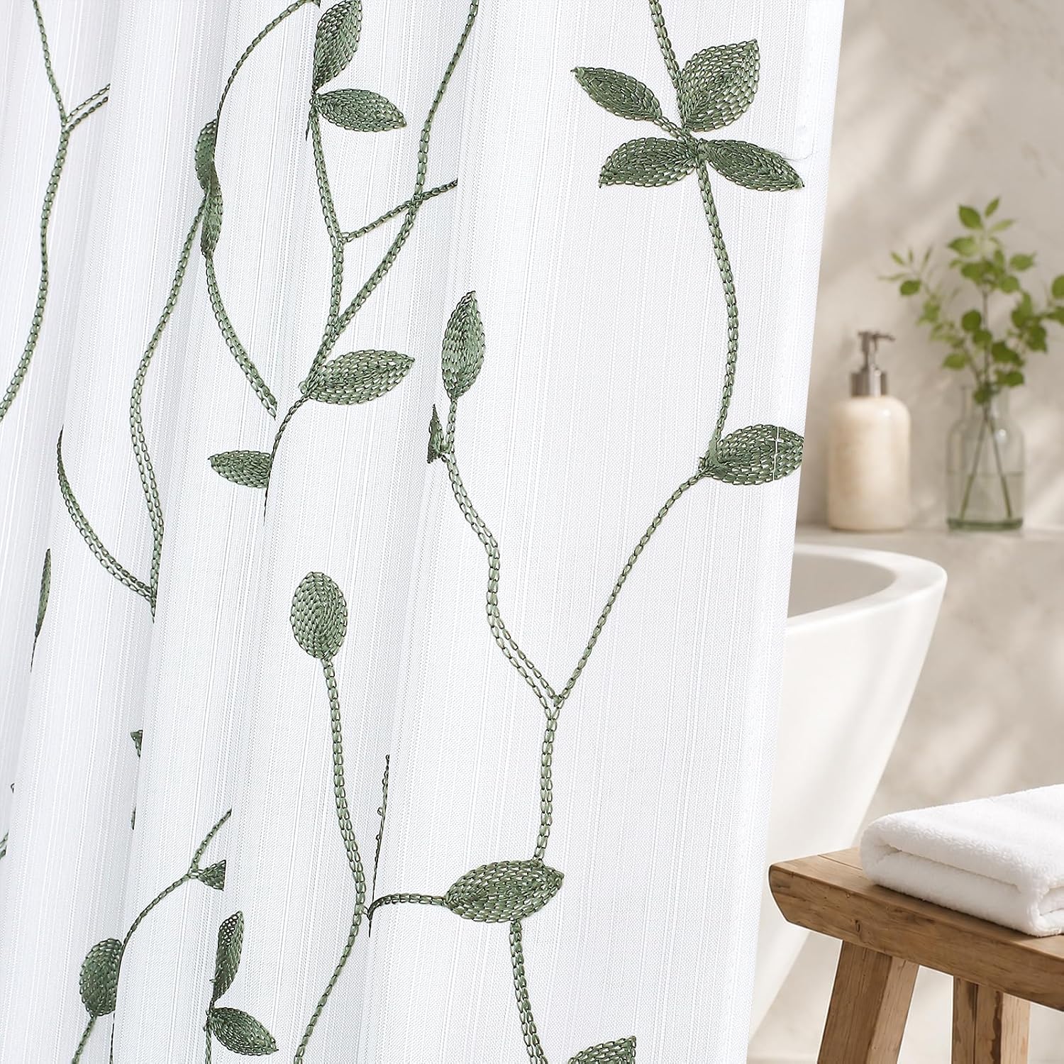 Embroidered Leaf Farmhouse Shower Curtain, Faux Linen, 72 x 72 Inch, White Sage Green