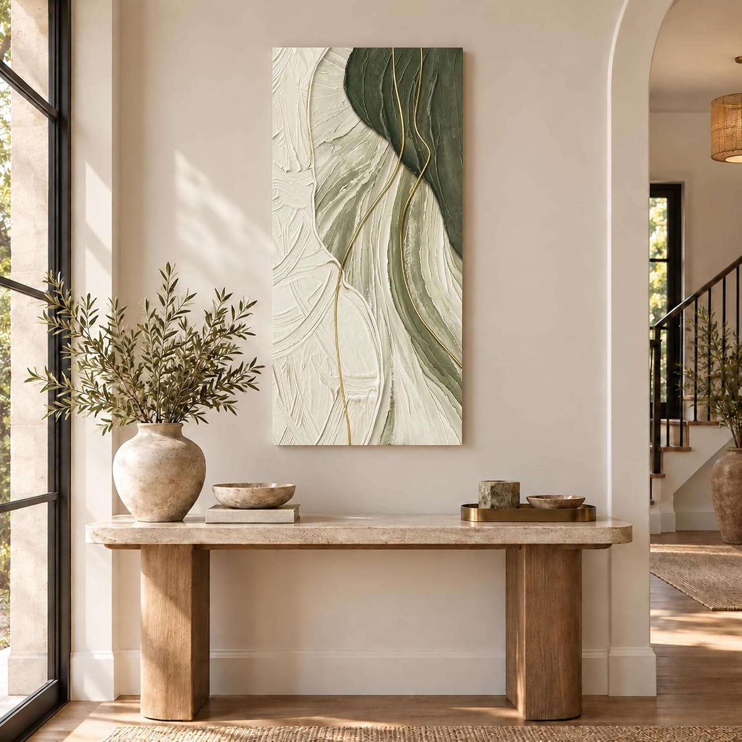 Eroboros Large Textured Abstract Green Wall Art with Gold Lines, Canvas
