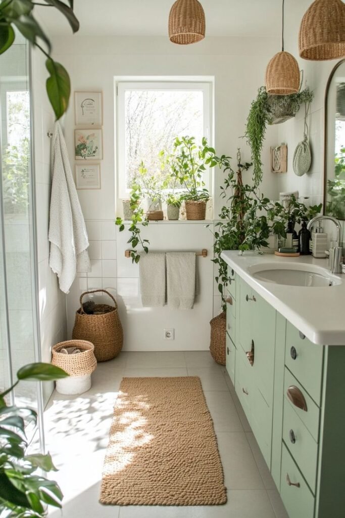 Green bathroom vanity paired with white countertops and gold hardware