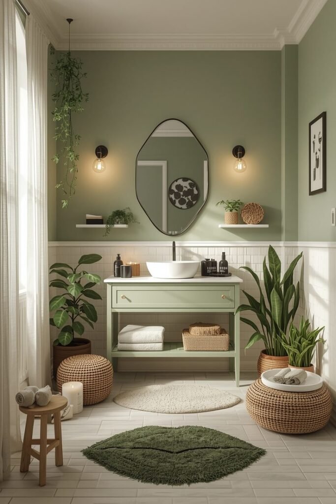 Sage green bathroom walls paired with white tile and a wood vanity