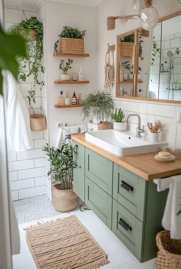 Bathroom shelf styled with thriving green houseplants like pothos and ferns