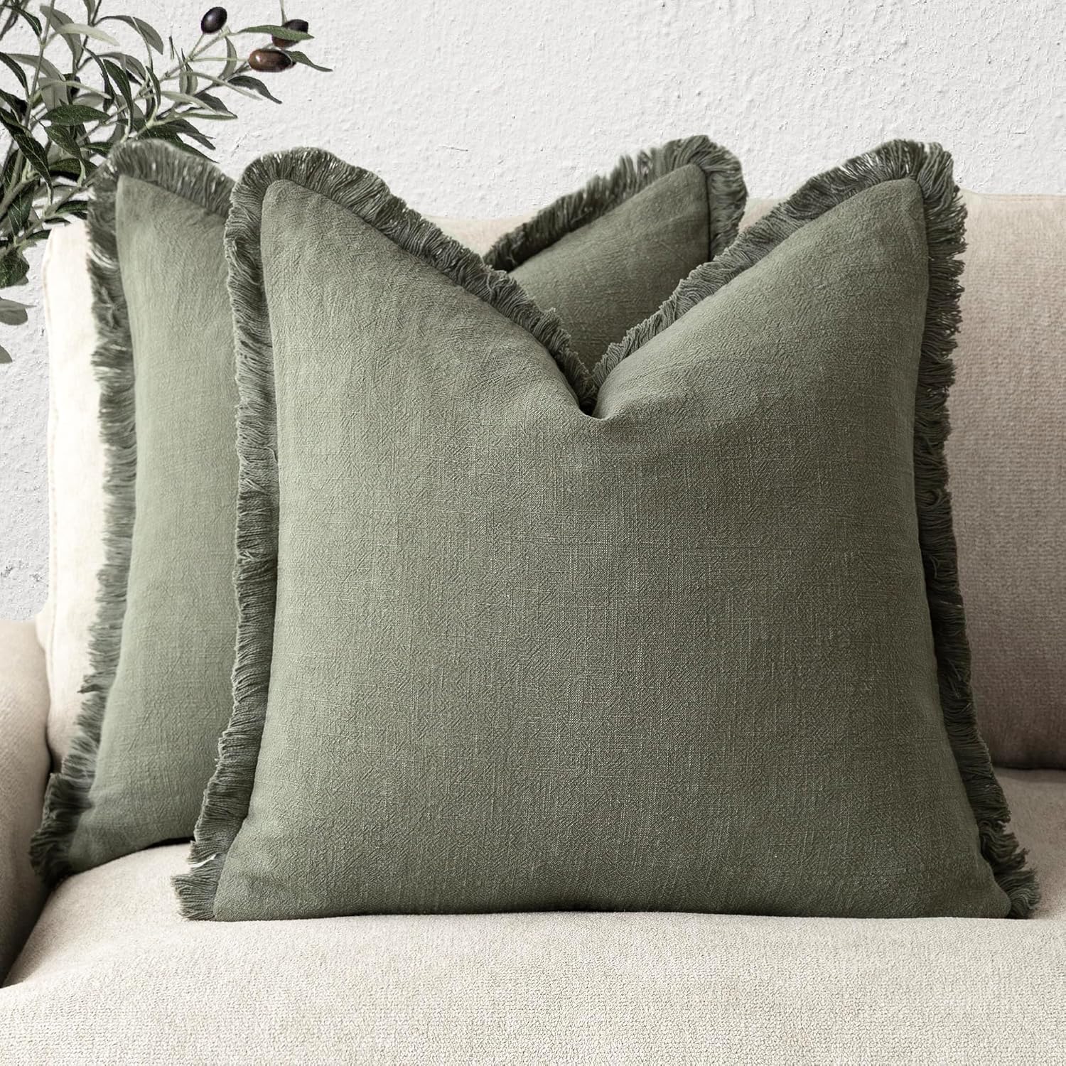 Foindtower Linen Fringe Throw Pillow Covers, 20 x 20 Inch, Olive Green