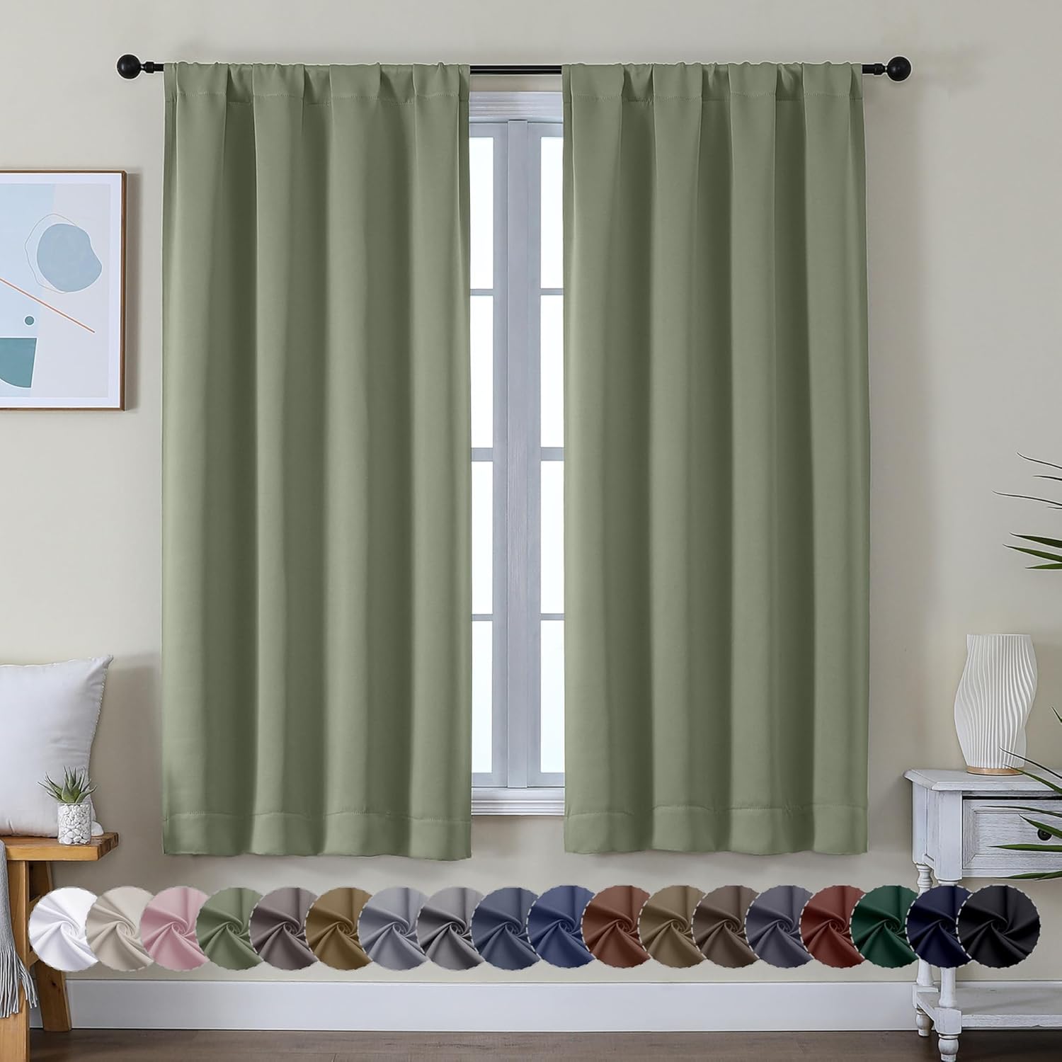 Simplebrand Ava Sage Green Blackout Curtains, 63 Inch Length