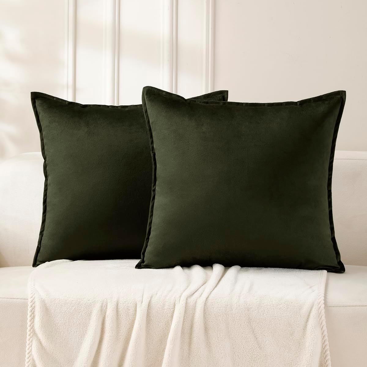 VAKADO Olive Green Velvet Throw Pillow Covers, 18 x 18 Inch, Set of 2