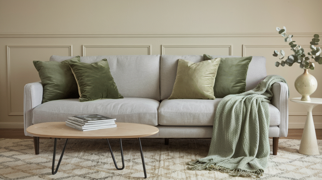 Neutral gray sofa layered with olive and sage green velvet pillows and a chunky knit sage throw blanket, beside a round wood coffee table