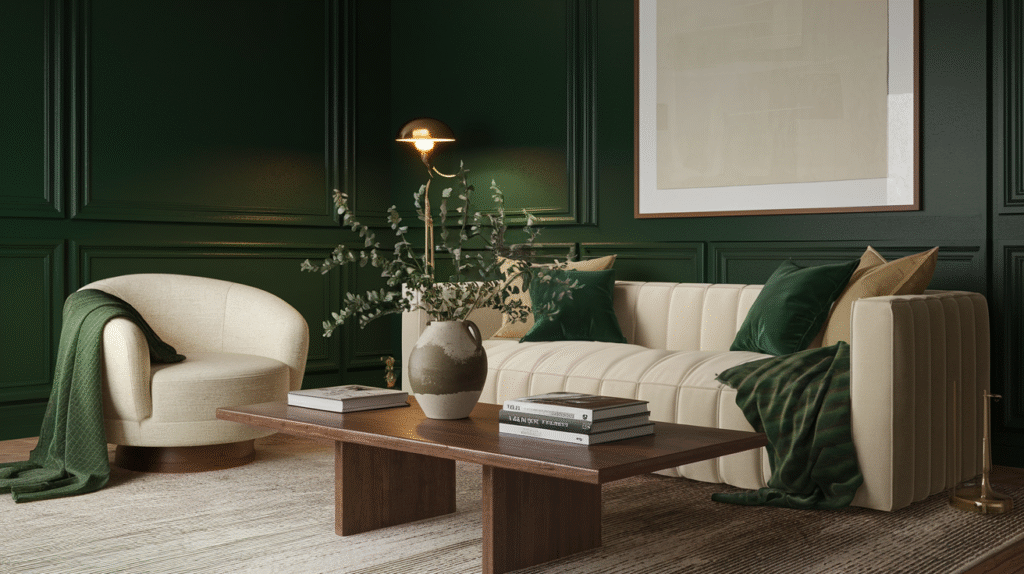 Living room with deep forest green paneled walls, a cream curved armchair and green throw blanket beside a wood coffee table