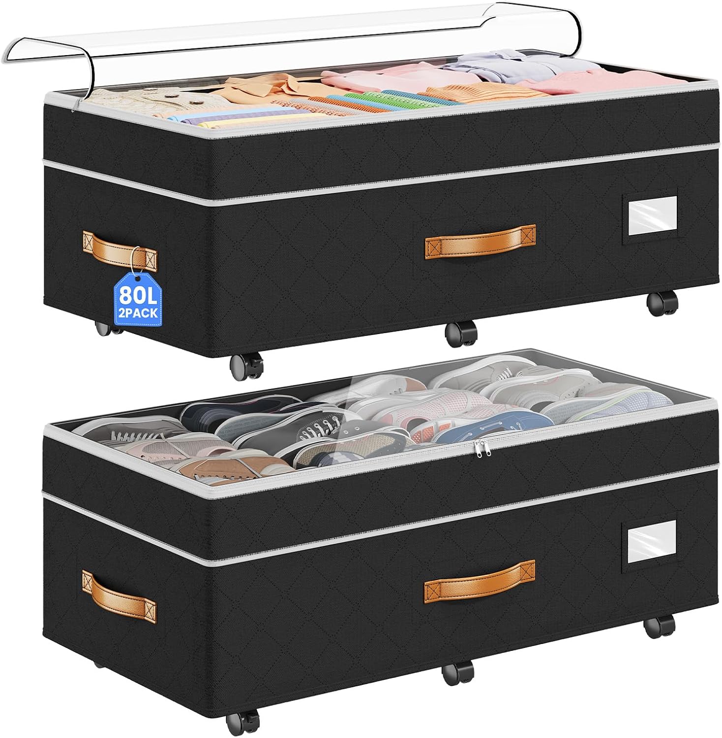 Budding Joy Adjustable Under Bed Storage with Wheels, 80L, 2 Pack