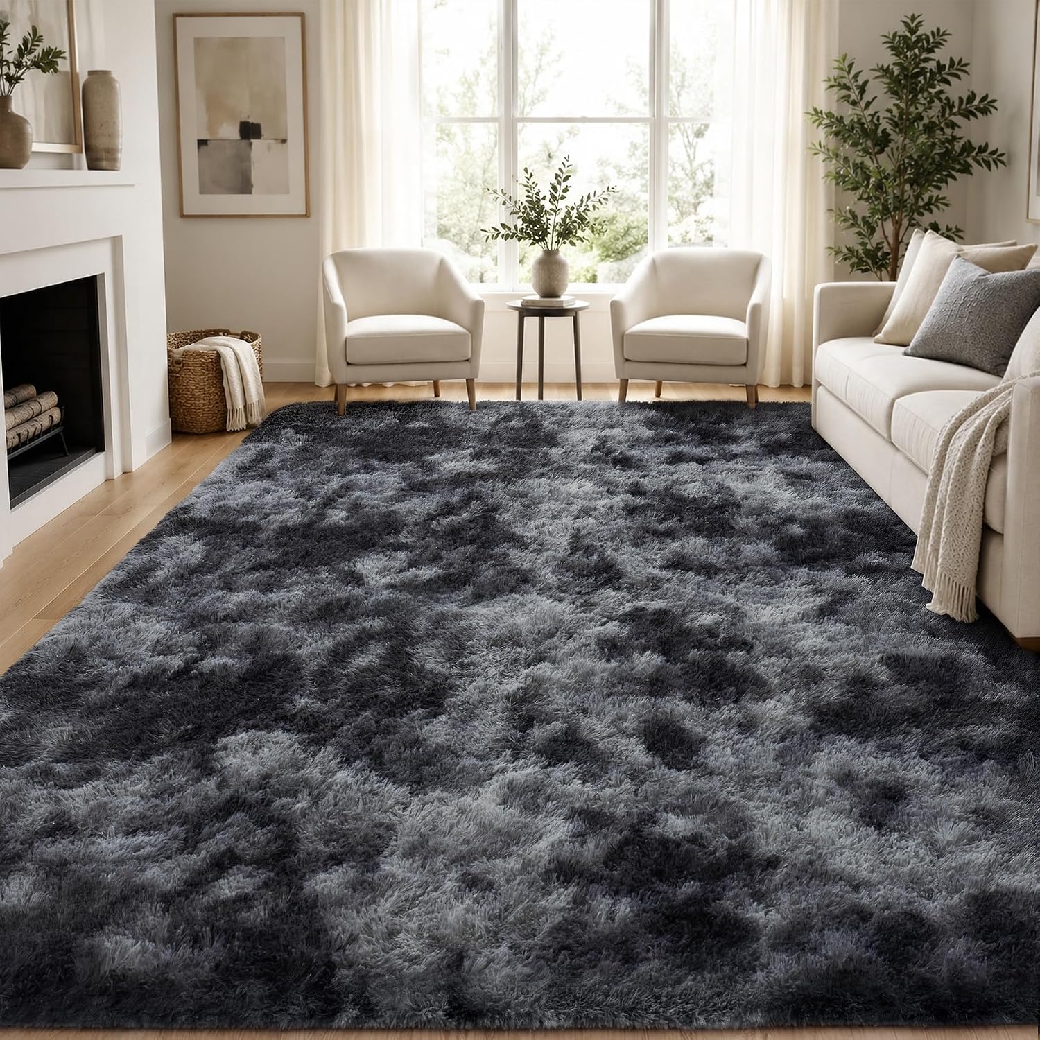 PLHXFR Fluffy Shag Area Rug, 8 x 10 Ft, Soft Bedroom Rug, Black Grey