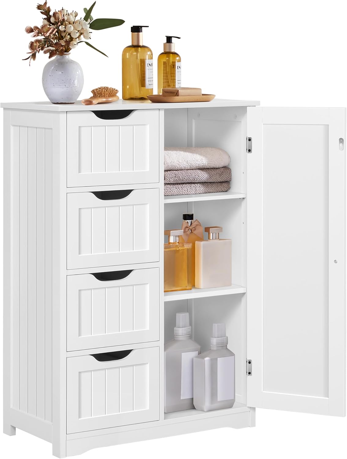 Yaheetech Small Bathroom Storage Cabinet with 4 Drawers and Door, White