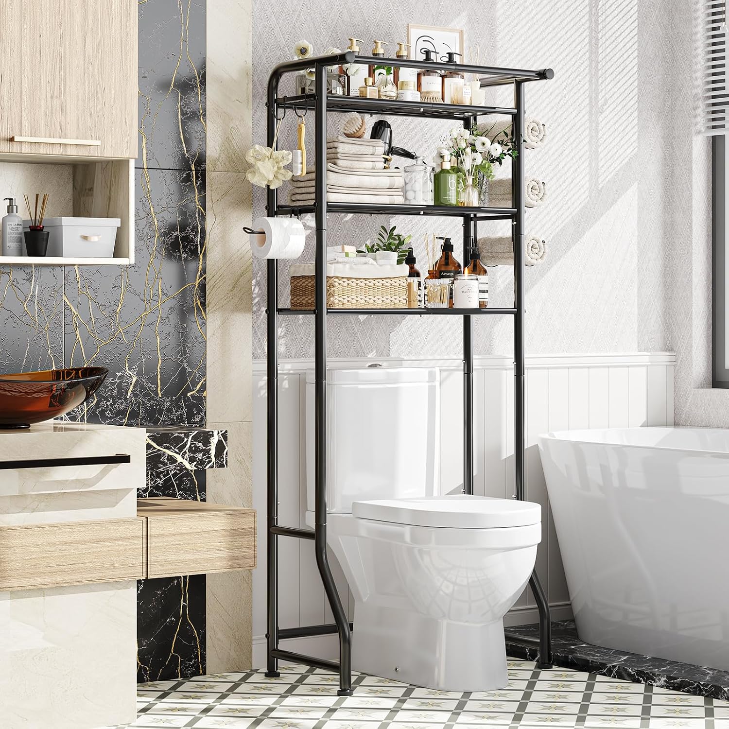 Over the Toilet Storage Cabinet, Metal Bathroom Shelf Organizer with Paper Holder