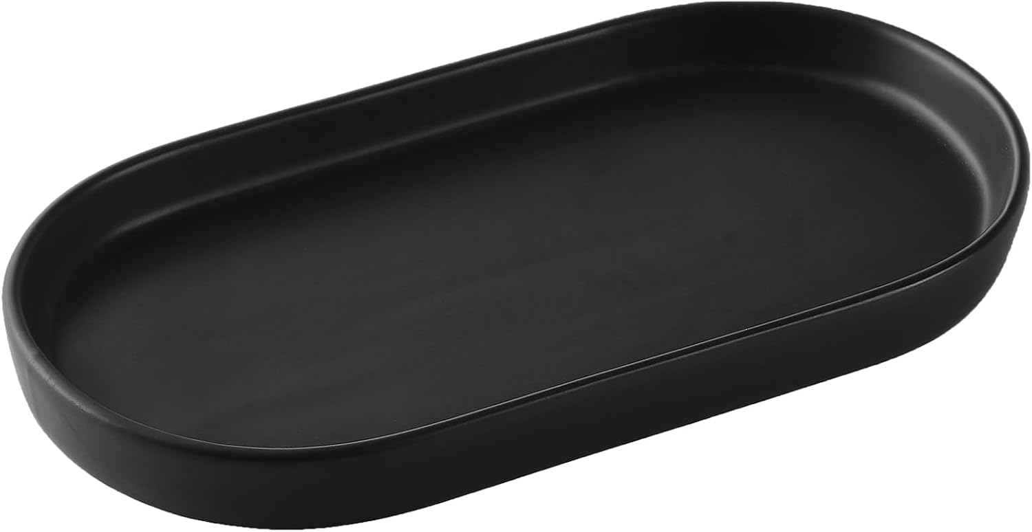 Matte Black Oval Ceramic Vanity Tray, 8 Inch, for Soap Dispenser and Decor