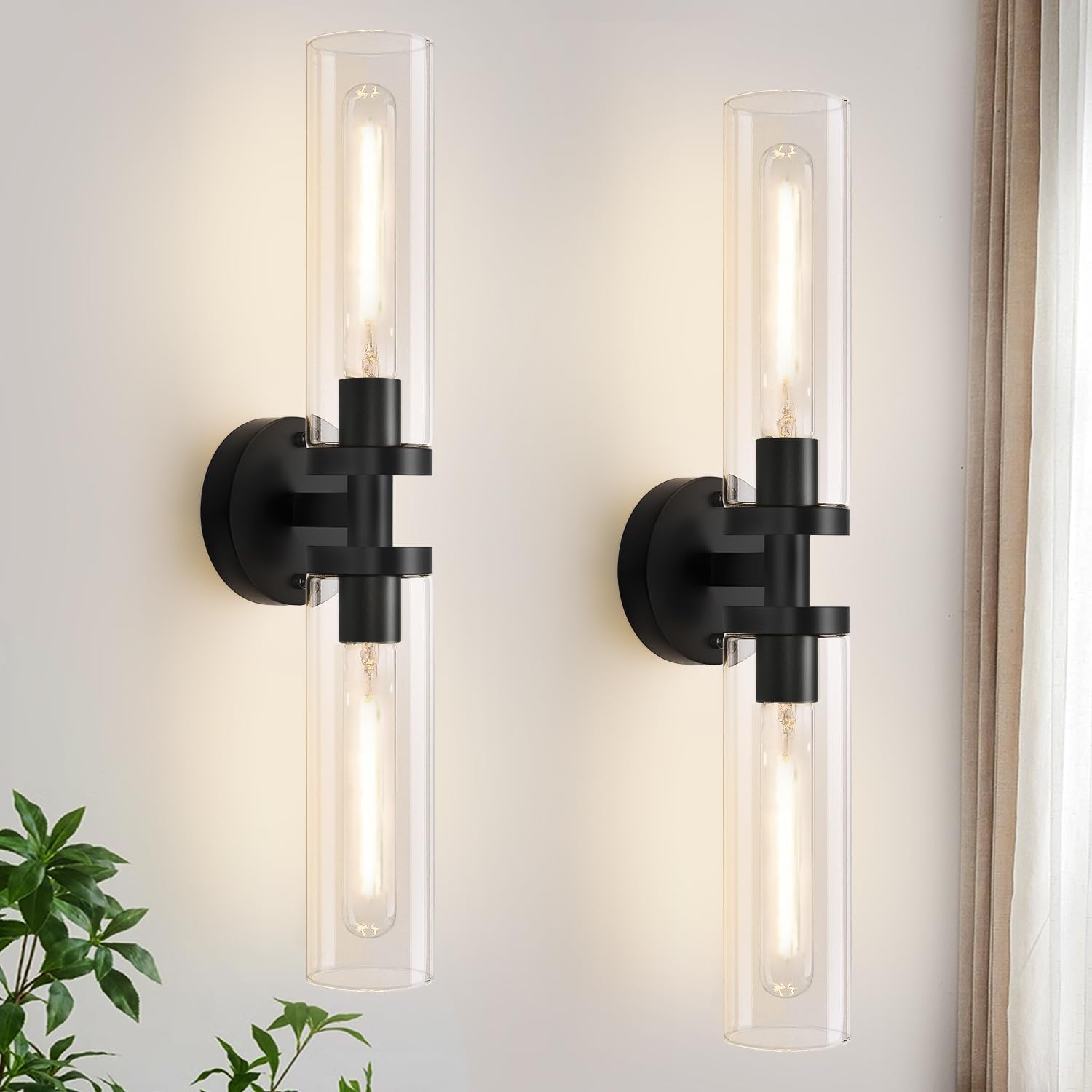 Hardwired Matte Black Bathroom Wall Sconces, Set of 2, Clear Glass