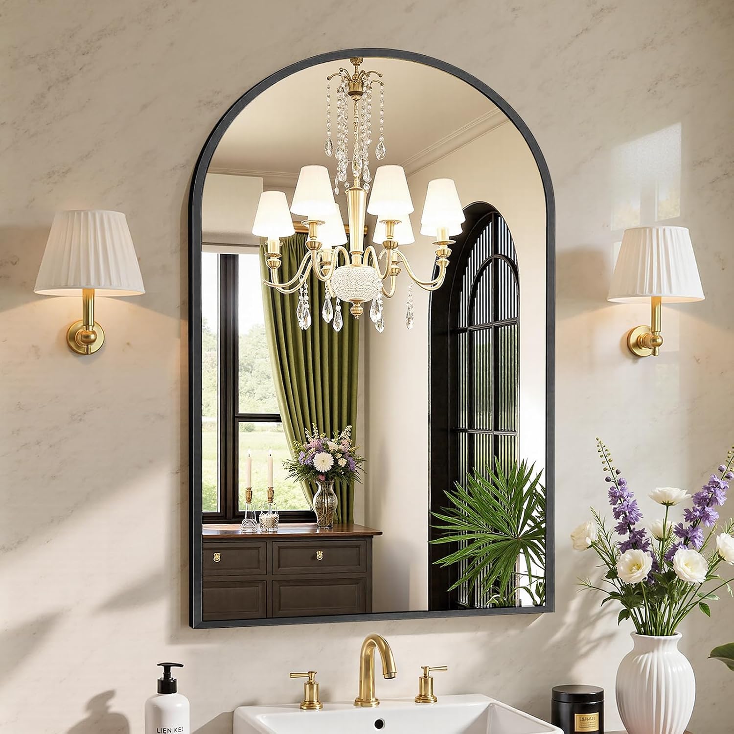 Sweetcrispy Arched Black Bathroom Mirror, 24 x 36 Inch, Wall Vanity Mirror
