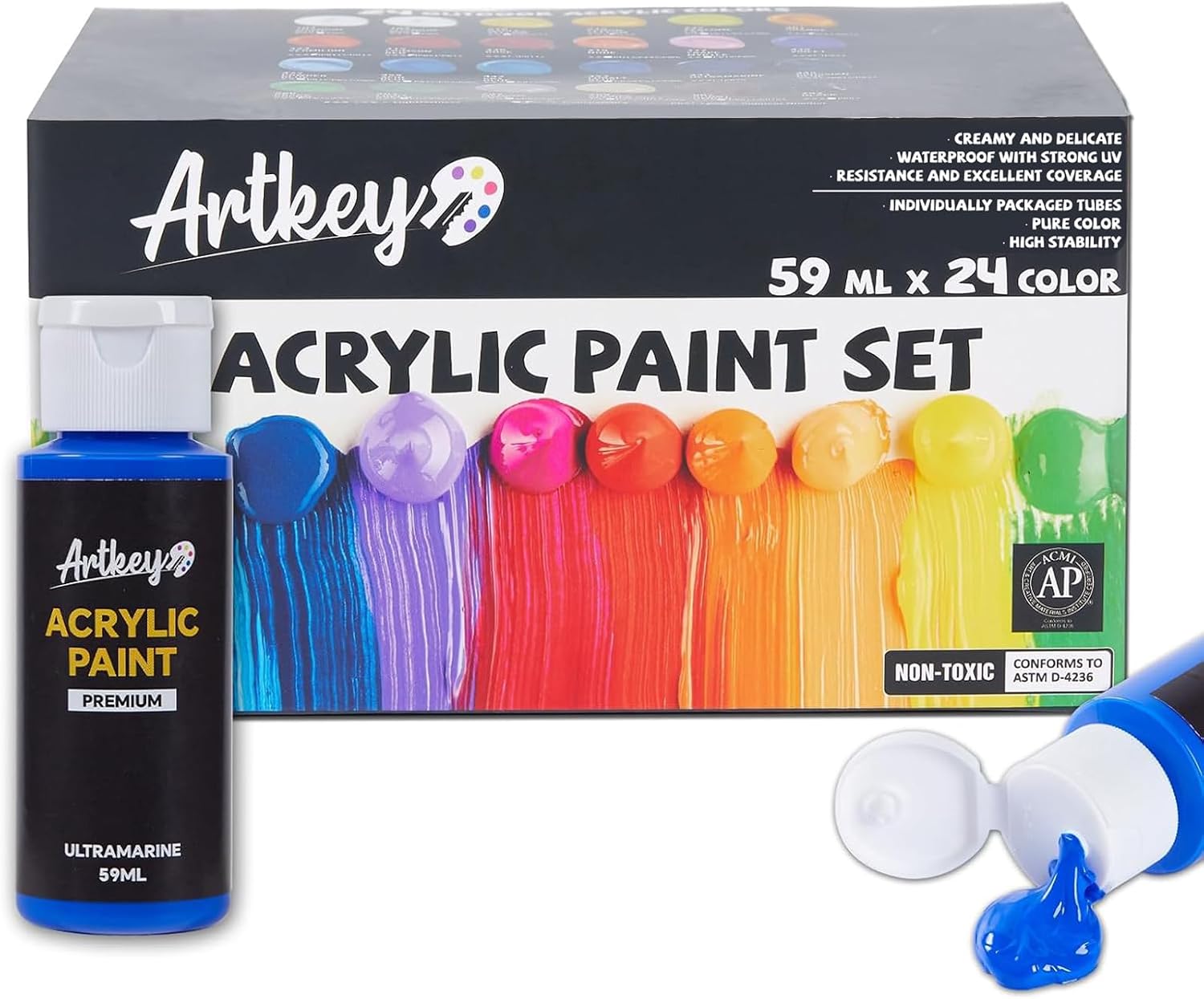 Artkey Acrylic Paint Set, 24 Colors, 2 Oz Each, Professional Kit