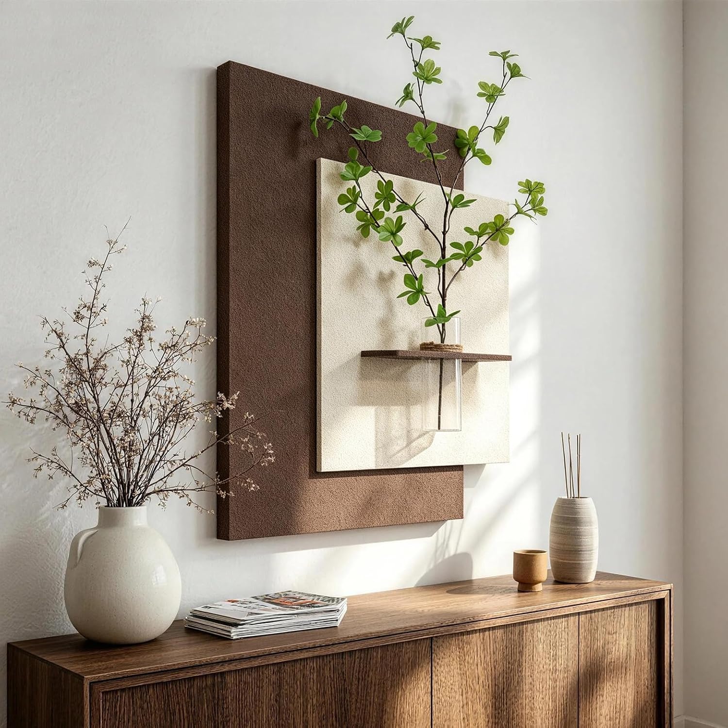3D Textured Neutral Abstract Plant Wall Art with Vase and Shelf, 22 x 28 Inch