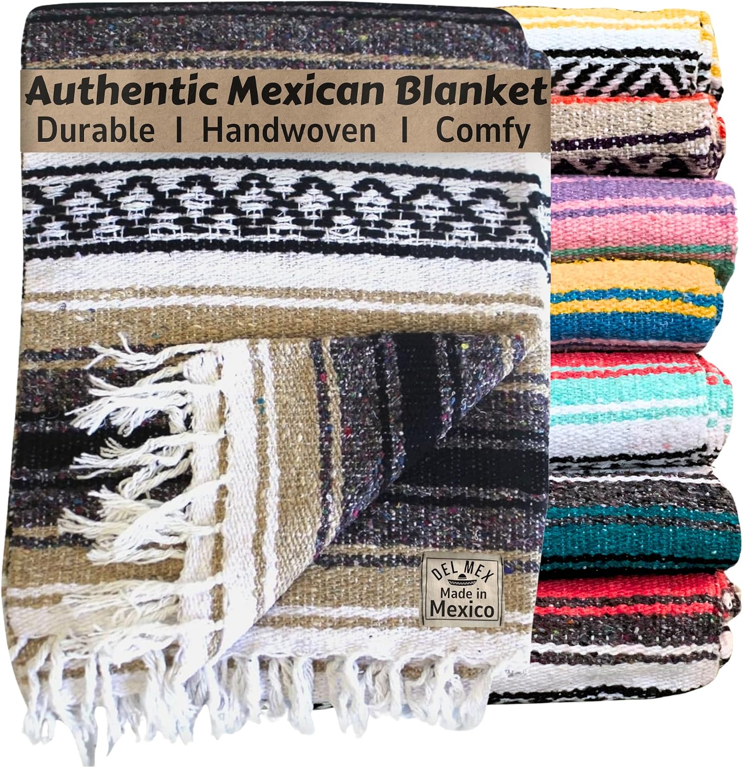 Del Mex Classic Mexican Blanket, Large Authentic Woven Falsa Throw, 70 x 50 Inch