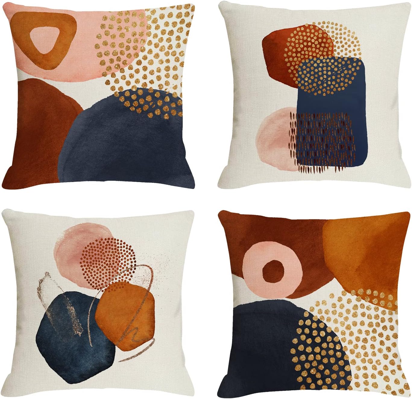 Burnt Orange Abstract Throw Pillow Covers, 18 x 18 Inch, Set of 4, Mid Century Geometric