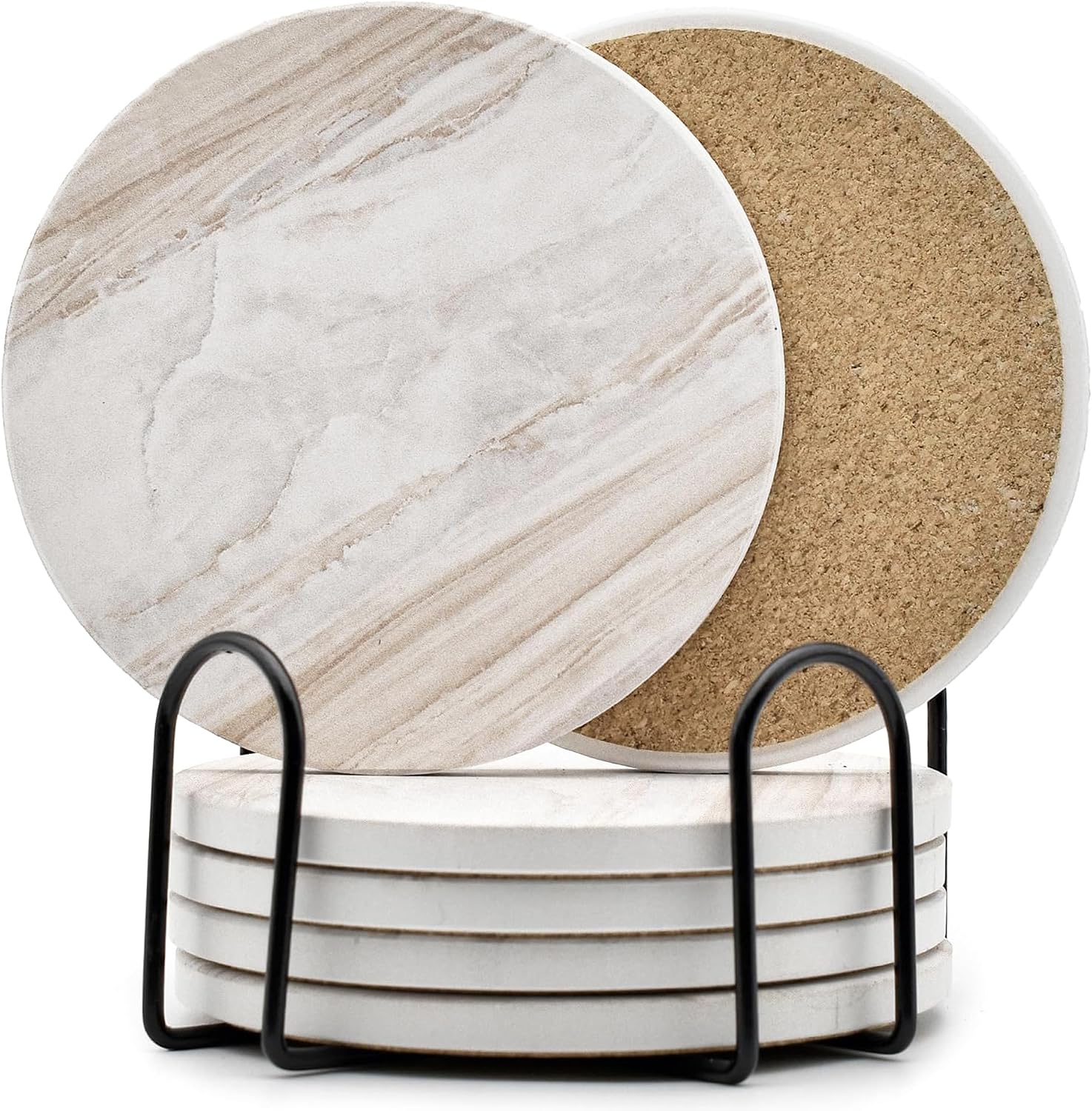 Absorbent Ceramic Coasters Set with Holder, 6 Pcs, 4 Inch