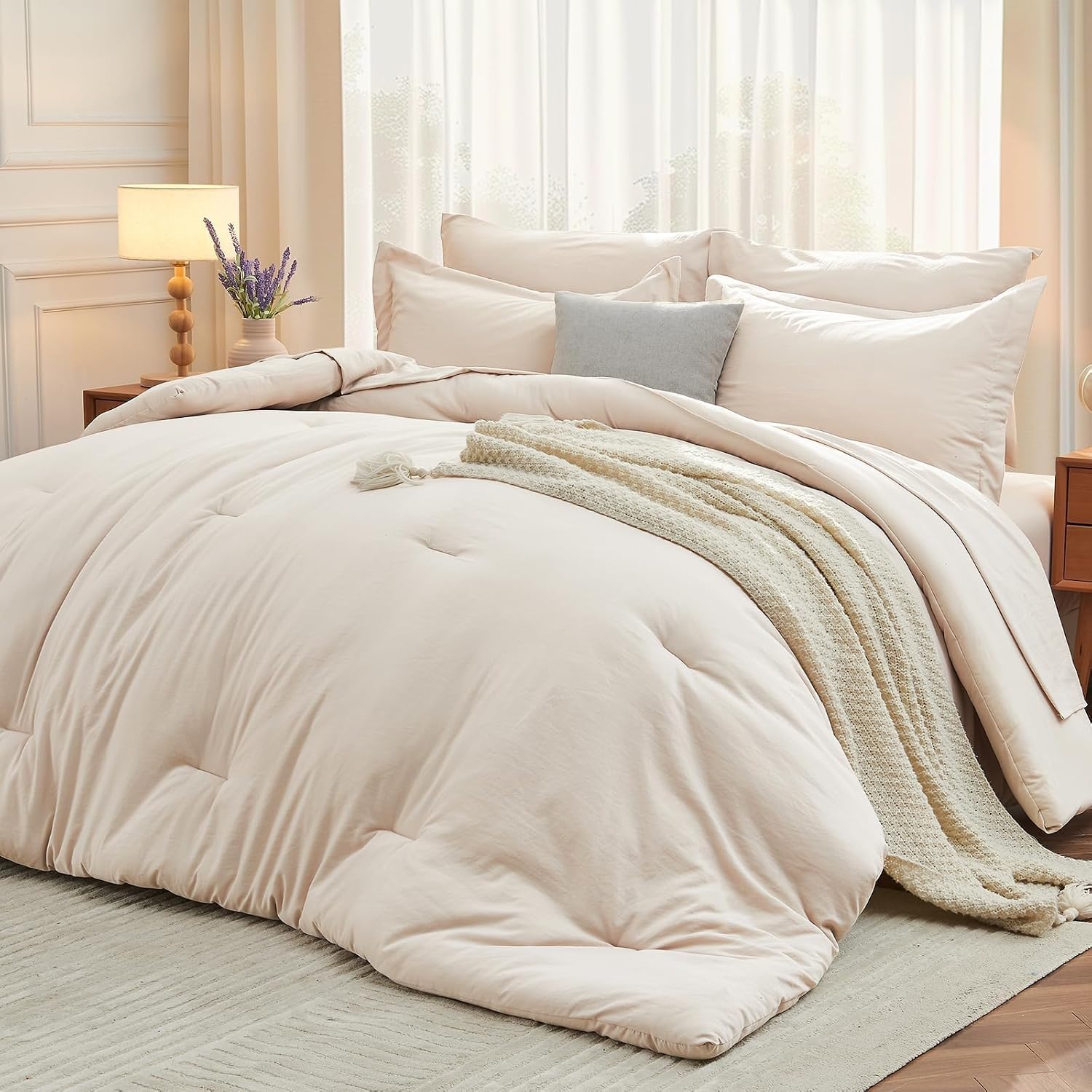 MUXHOMO Queen Comforter Set, 7 Pieces, Soft Bed in a Bag, Beige