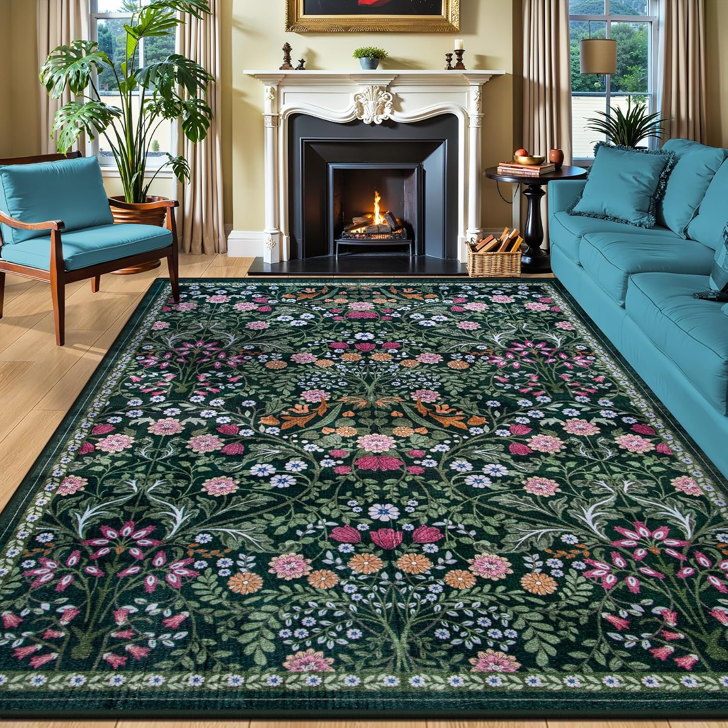 PLHXFR 8 x 10 Floral Washable Boho Area Rug, Dark Green