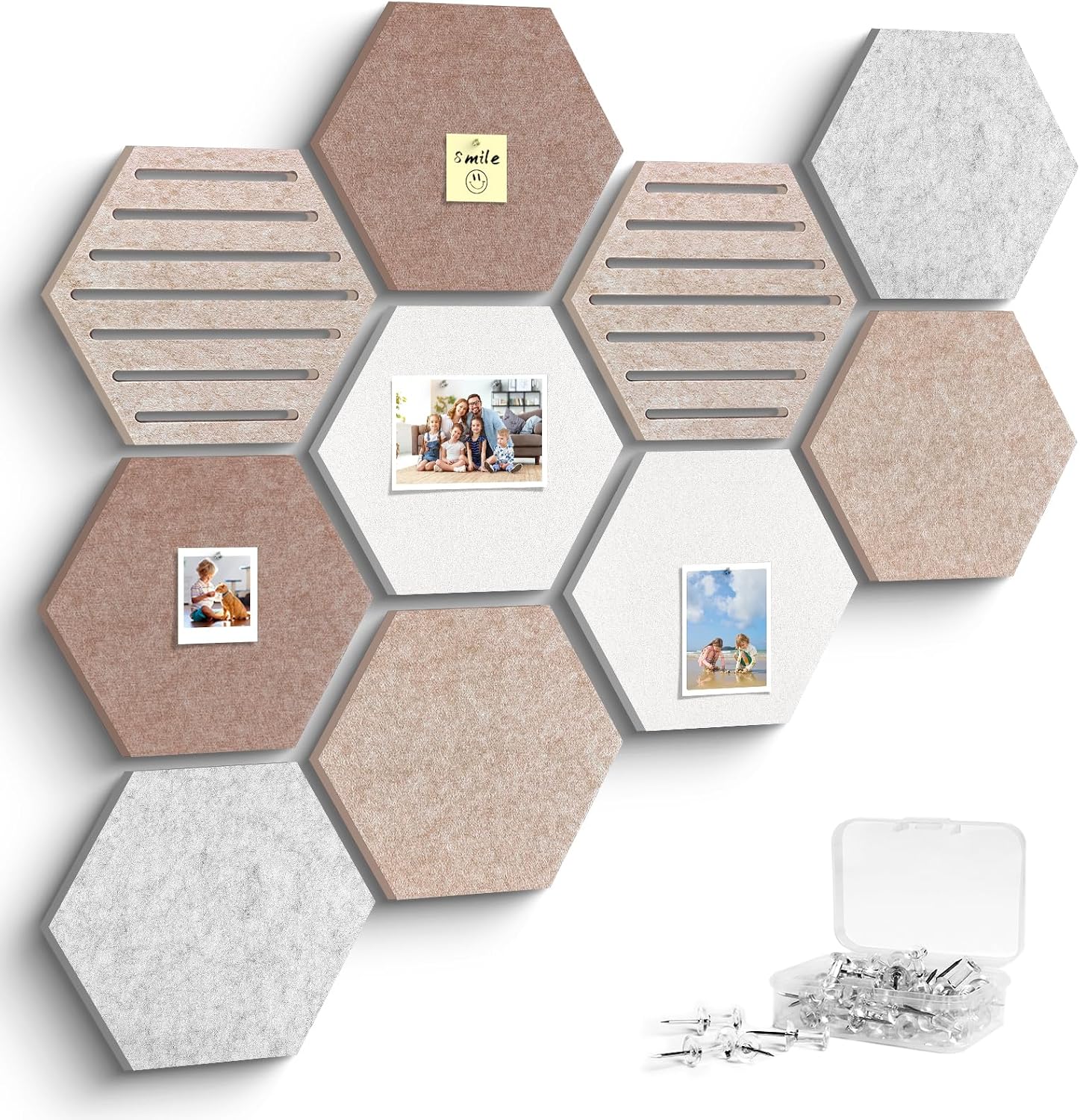 Hexagon Cork Bulletin Board Tiles, 10 Pack, Felt Board with 25 Push Pins