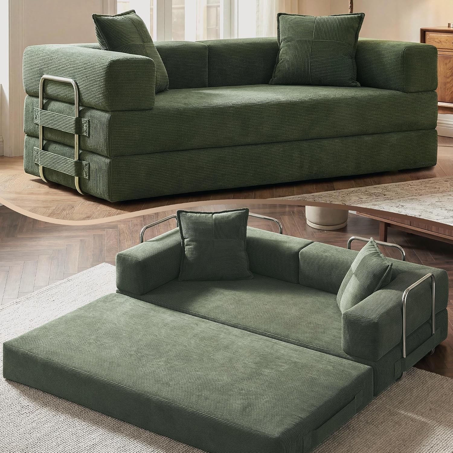 GRUSIGN 78 Inch 5-in-1 Convertible Futon Sofa Bed, Boneless Corduroy, Green