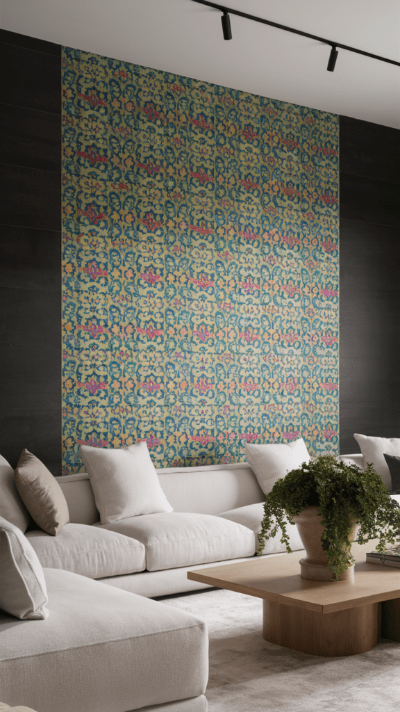 Stunning modern living room featuring a bold accent wall
