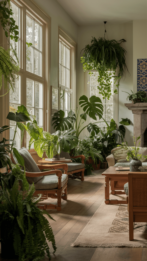 Serene living room design embracing biophilic natural elements