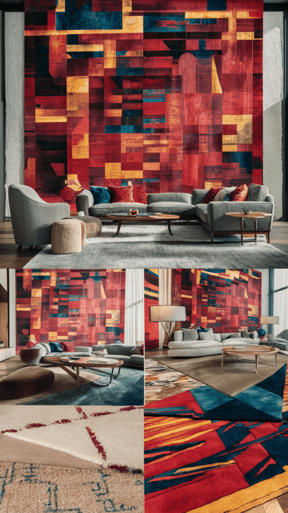 Modern living room featuring a bold, statement area rug