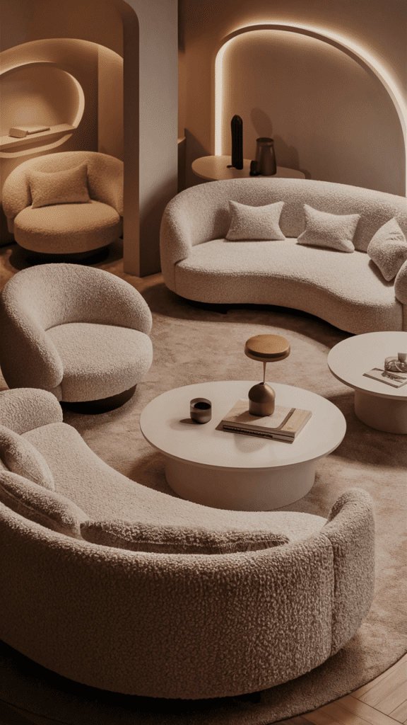 Stylish modern living room with curved furniture pieces