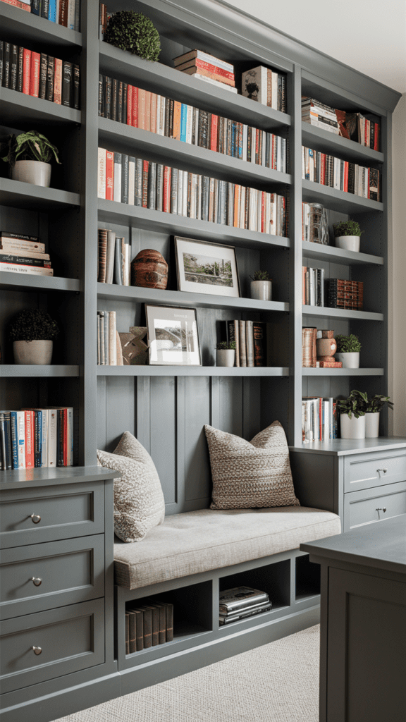 Stylish and functional home office featuring custom built-ins