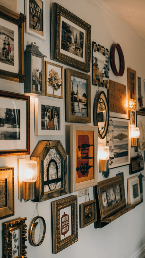 Cozy living room or hallway featuring a curated gallery wall