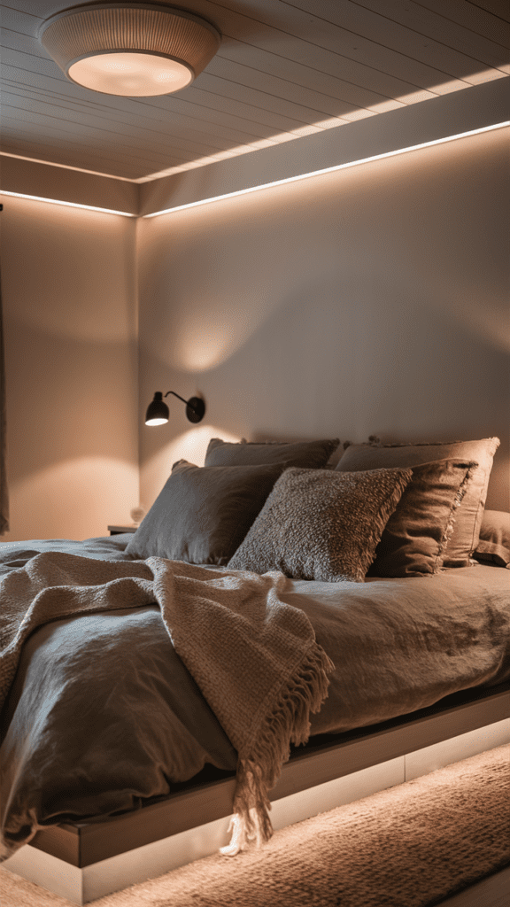 Serene and cozy bedroom featuring layered lighting design
