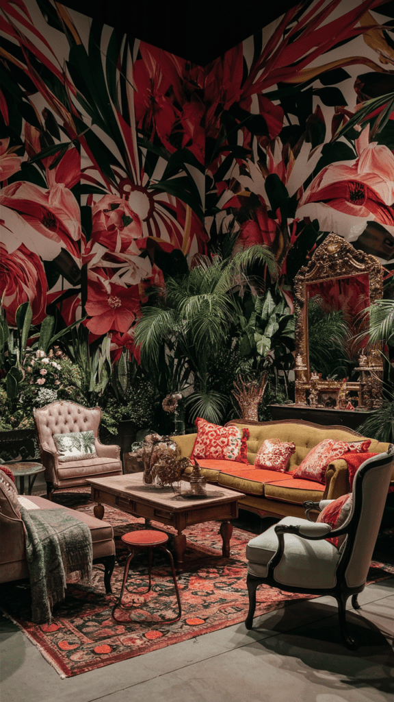 Maximalist living room featuring bold, patterned wallpaper
