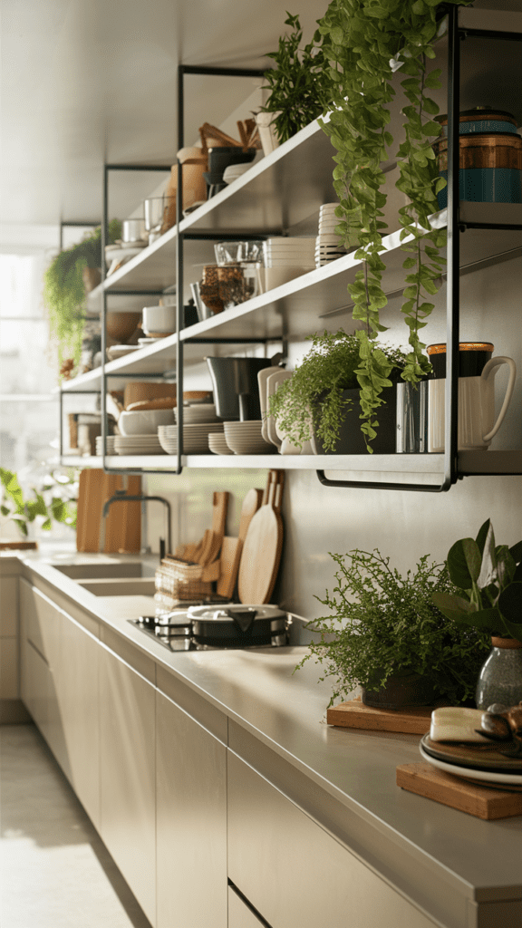 Modern and chic kitchen design showcasing open shelving