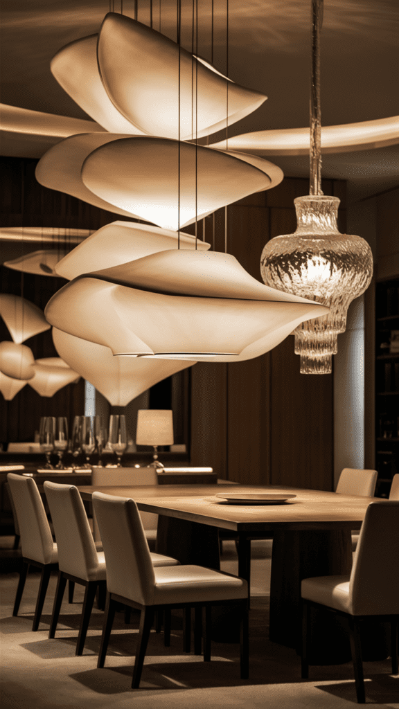 Luxurious dining room with elegant statement lighting fixture