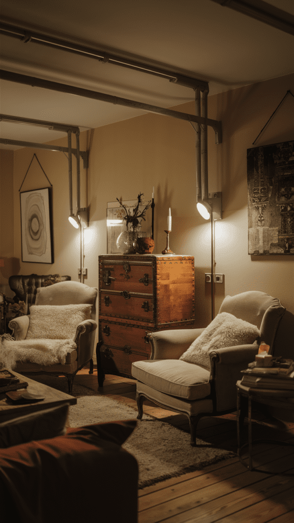 Warm and inviting living room with vintage and antique furniture finds