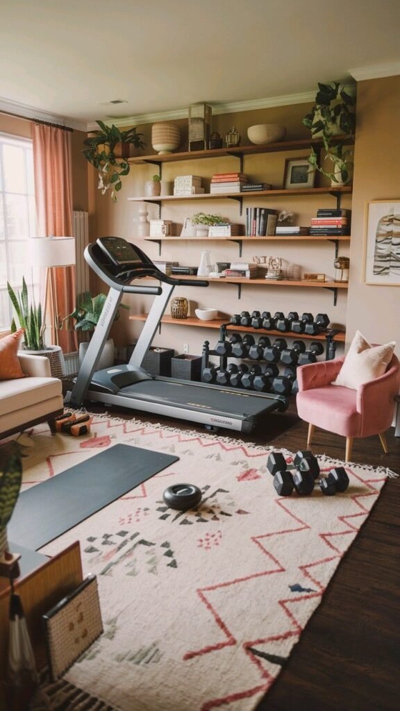 Multifunctional home gym corner set up inside a shared living space with a relaxed, calm vibe