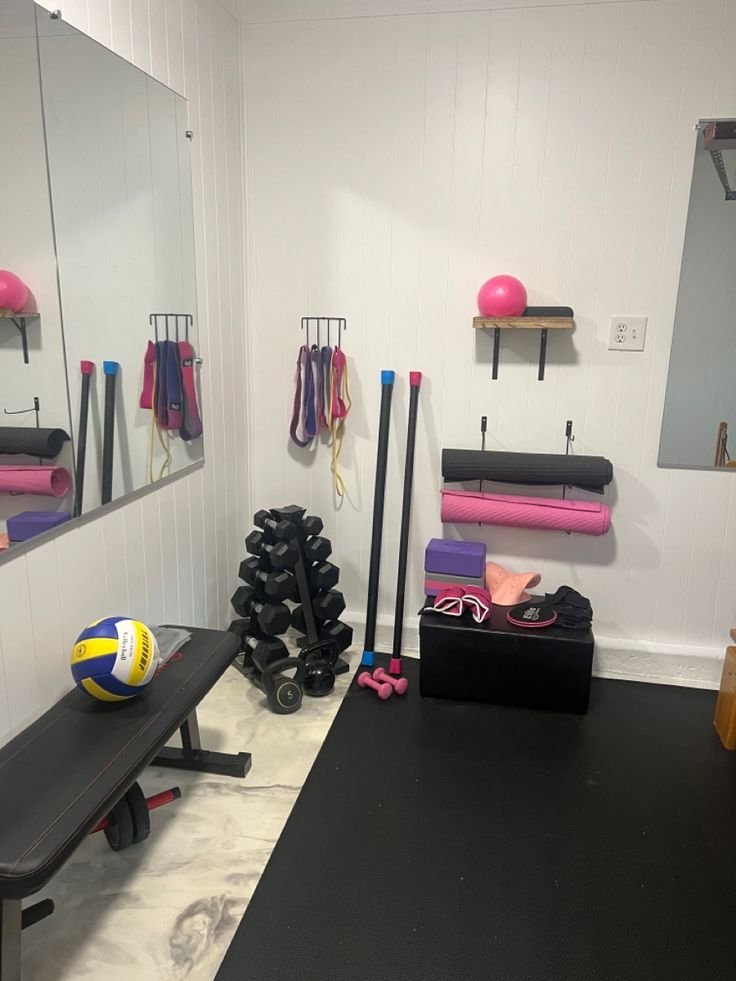 Strength-focused home gym corner with a barbell rack, weight plates and a squat setup