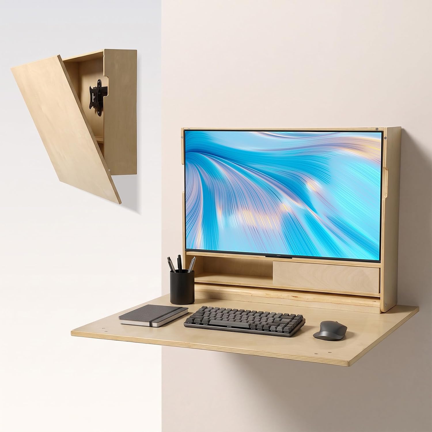 31 Inch Wall Mounted Folding Desk with Storage and Monitor Mount