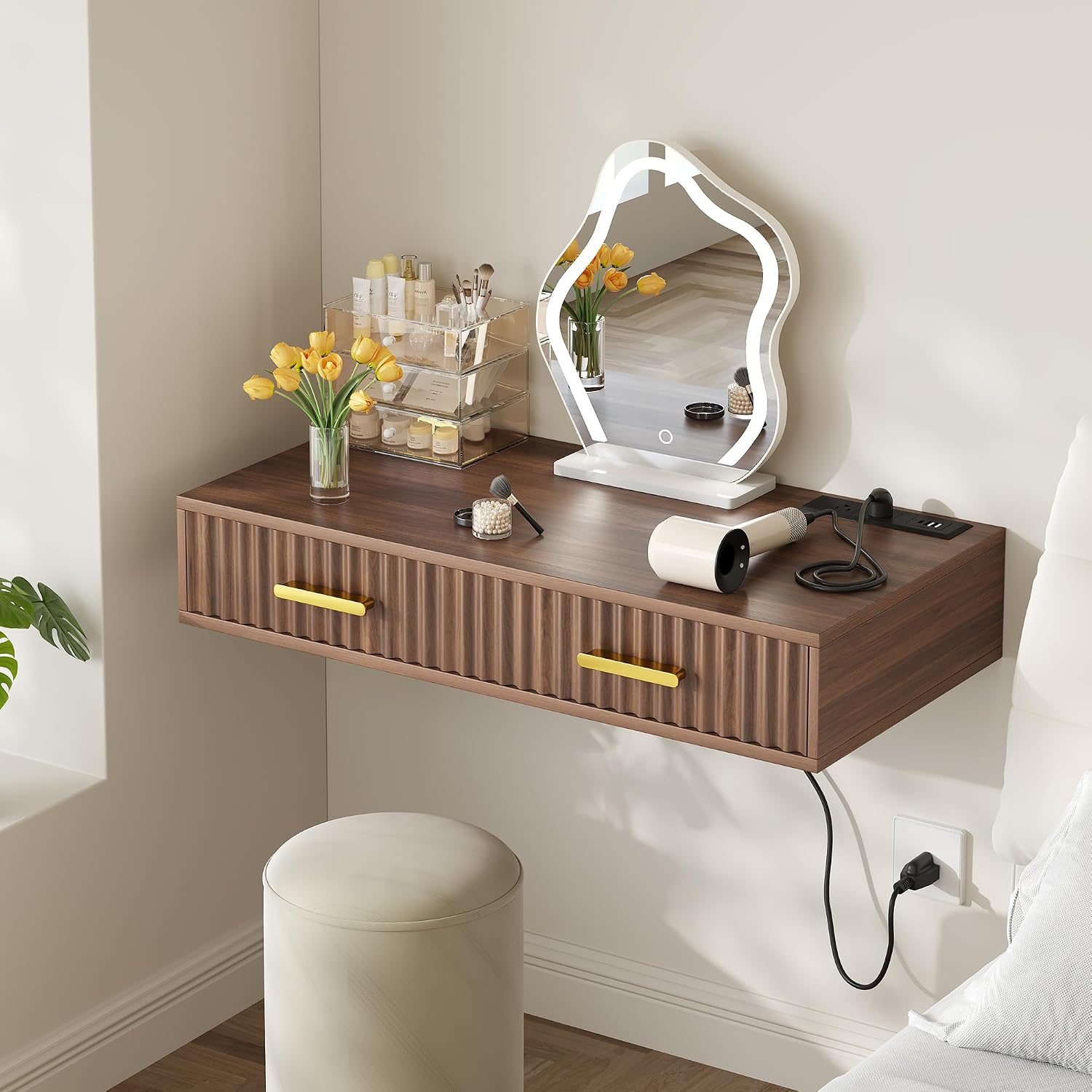 31.5 Inch Floating Vanity Desk, Wall Mounted with Drawer and Power Outlet